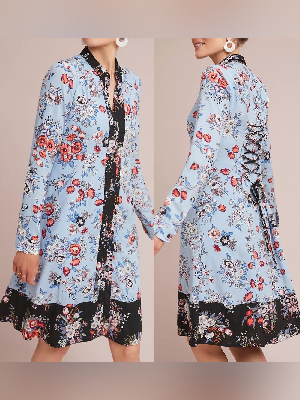 Anthropologie Leyster Shirtdress knee length long sleeve blue black floral